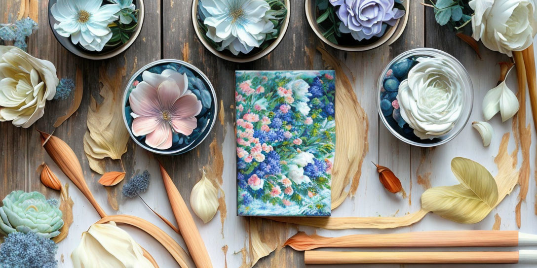 Art supplies, flowers, succulents on wooden surface depicting floral-themed project