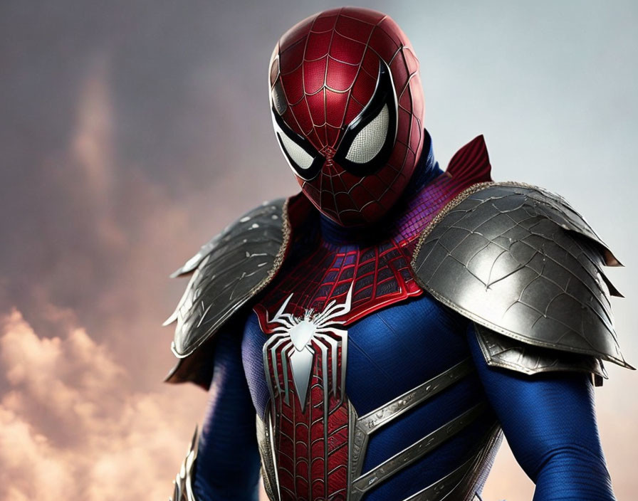 Detailed Spider-Man Costume with Shoulder Armor on Cloudy Sky Background