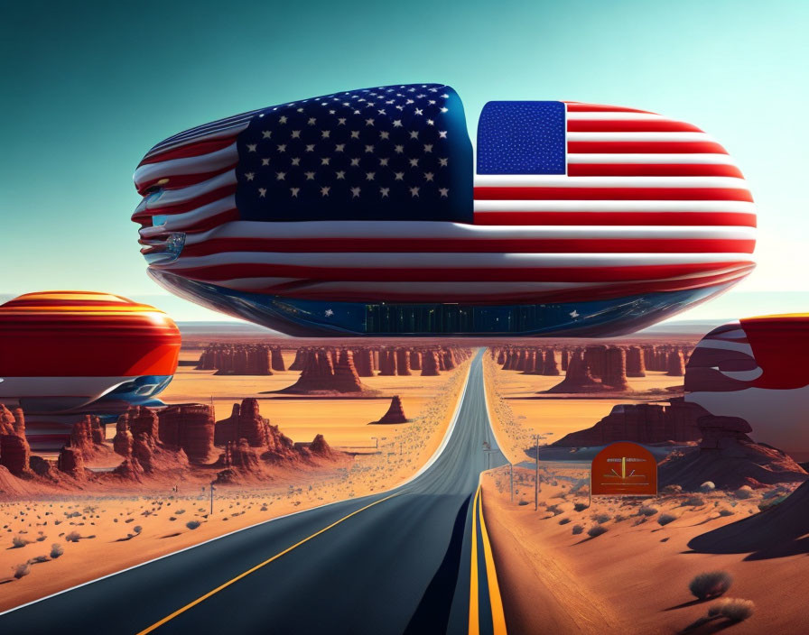 Surreal desert scene with American flag pill object