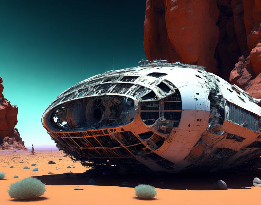 Abandoned weathered spaceship in desert with red sand and rocks