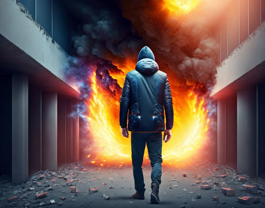 Person in Hooded Jacket Approaching Fiery Explosion in Concrete Corridor