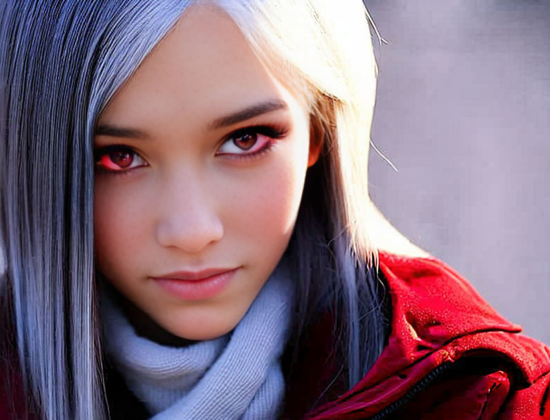 Person with Red Eyes and Silver Hair in Red Garment and Gray Scarf