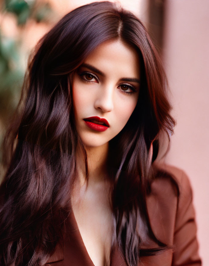 Portrait of woman with long dark hair, red lipstick, brown blazer, strong gaze, pink background
