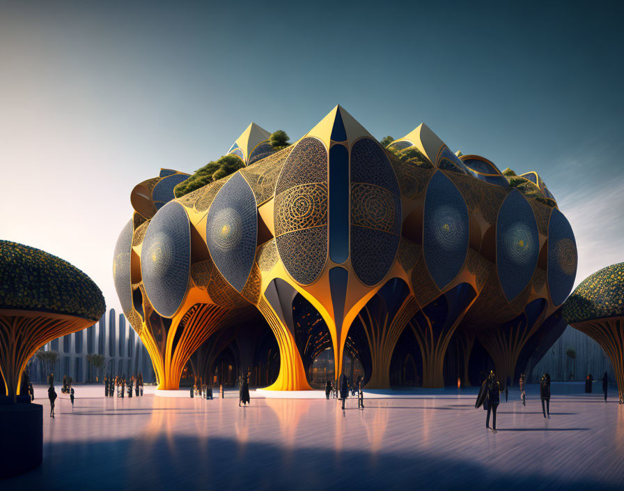 Modern honeycomb building with tree-like structures, illuminated at dusk