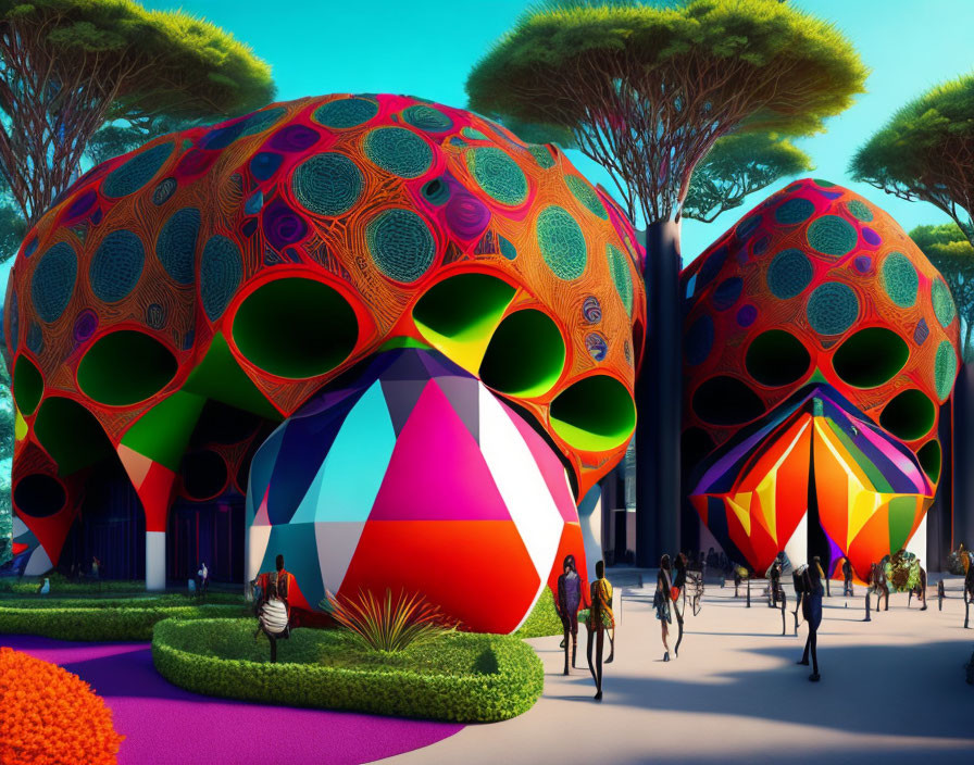 Vibrant futuristic domed buildings and people in a whimsical scene