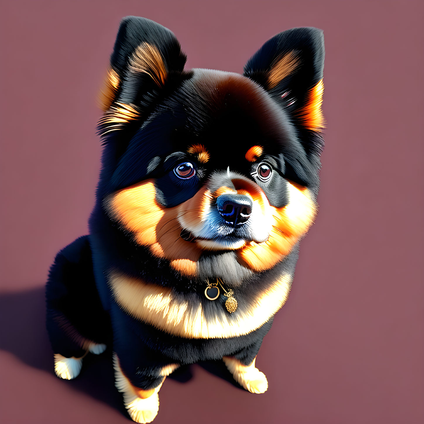 Stylized black and tan dog with glossy coat and collar on solid background