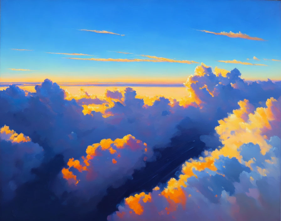 Colorful sunset painting with fluffy orange and yellow clouds on a deep blue sky.