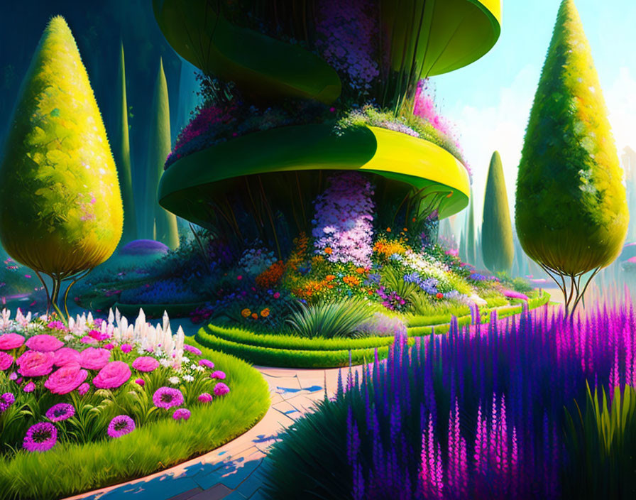 Fantastical garden digital art with whimsical trees and colorful flowers