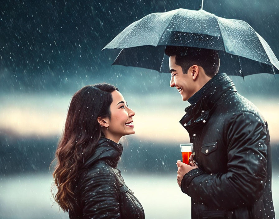 Smiling couple sharing umbrella in rain with drink, wearing leather jackets