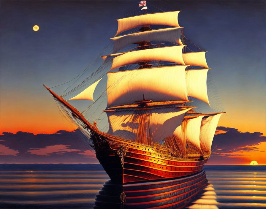 Sailing ship with billowing sails on calm sea at sunset