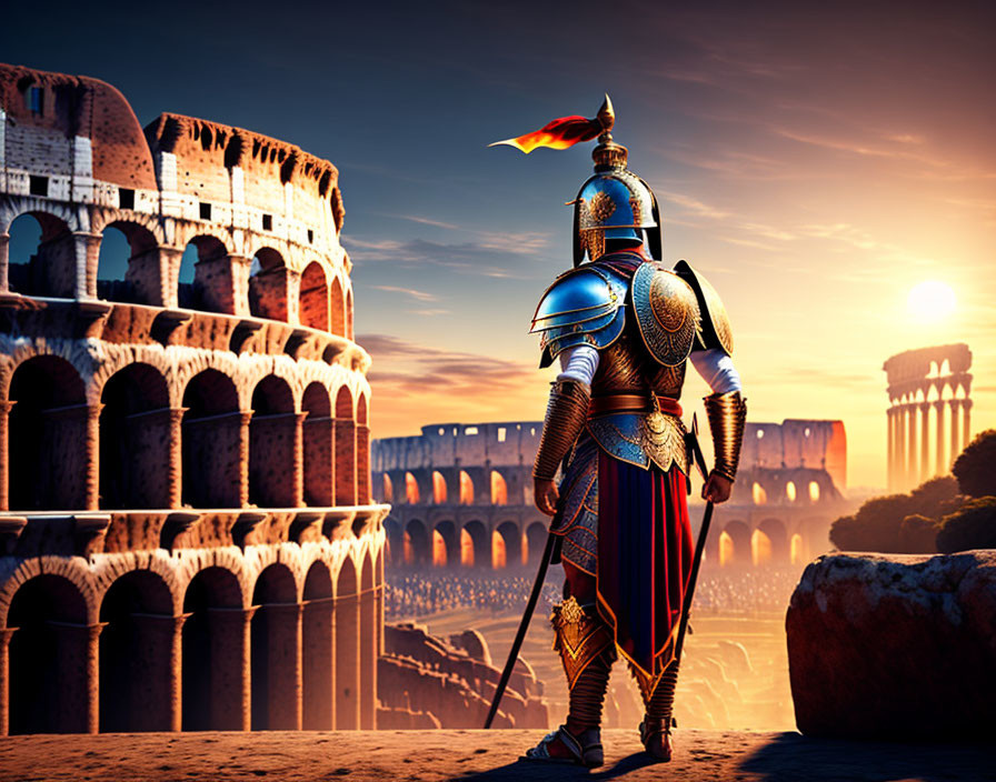 Medieval knight in armor with flag at Colosseum sunset.