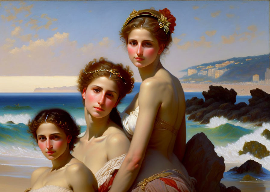 Classical women with laurel wreaths on serene beachscape