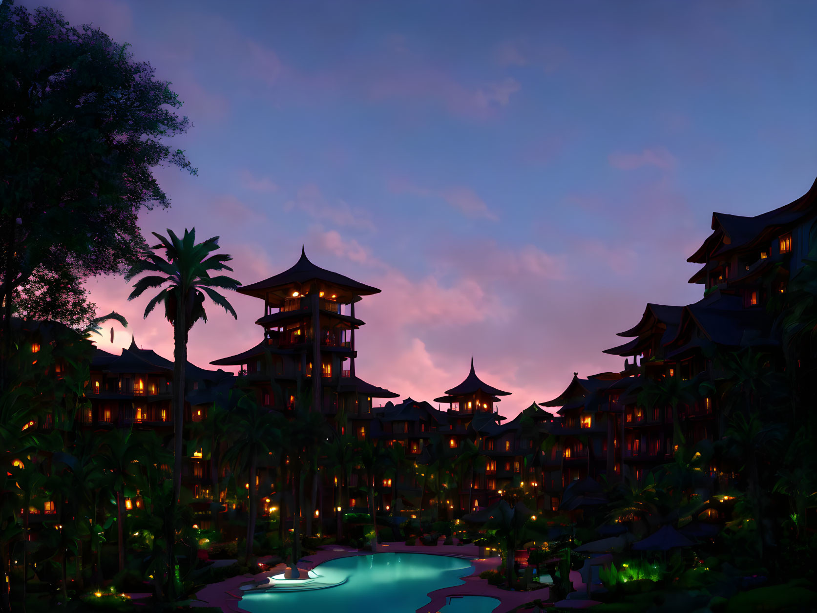 Purple Sky Over Asian-Style Resort with Illuminated Buildings