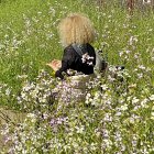 Curly-haired person surrounded by vibrant flowers and lush greenery