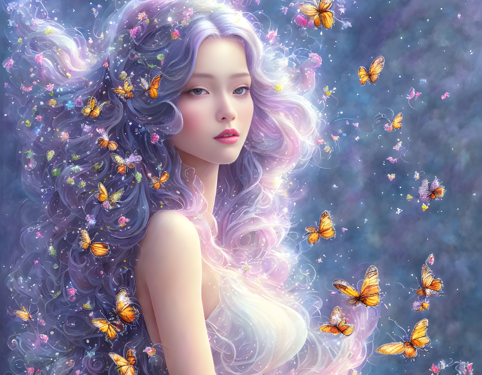 Fantasy portrait: Woman with lilac hair, flowers, orange butterflies, starry background