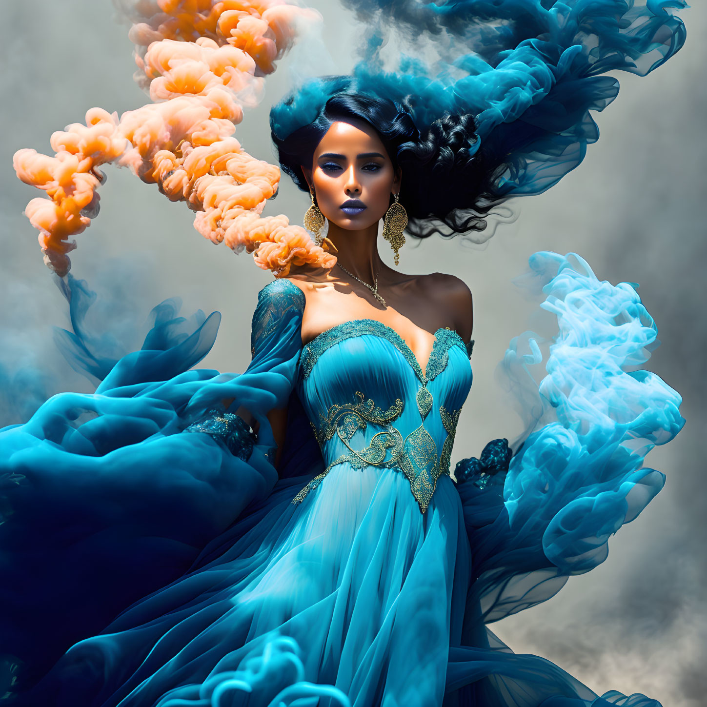 Woman in Blue Dress Amid Orange and Blue Smoke on Moody Sky