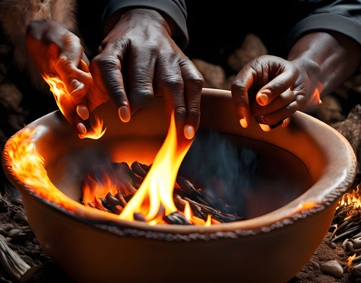 Person Warming Hands Over Rustic Clay Fire Bowl