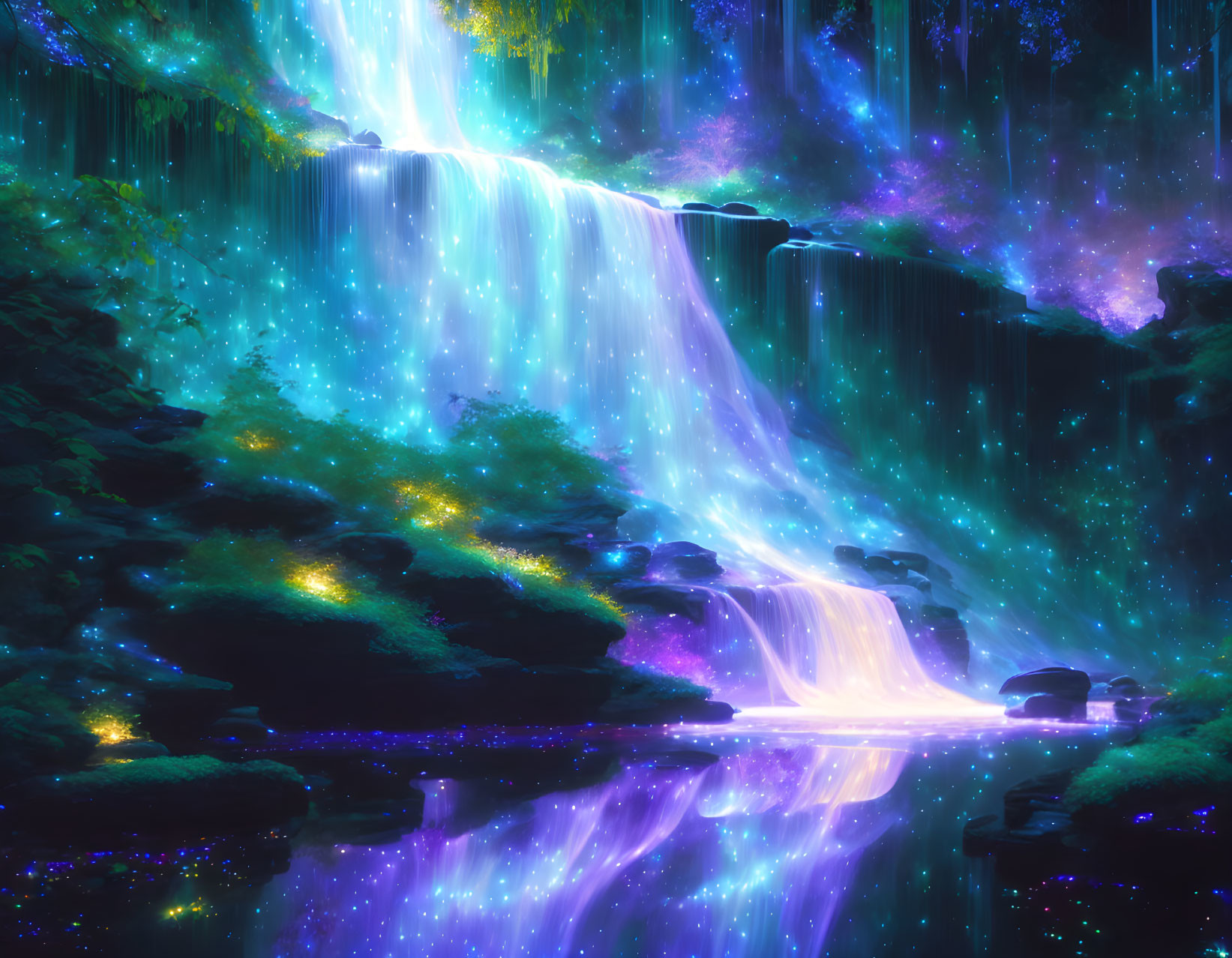 Fantasy waterfall with neon blue and purple hues cascading over lush greenery