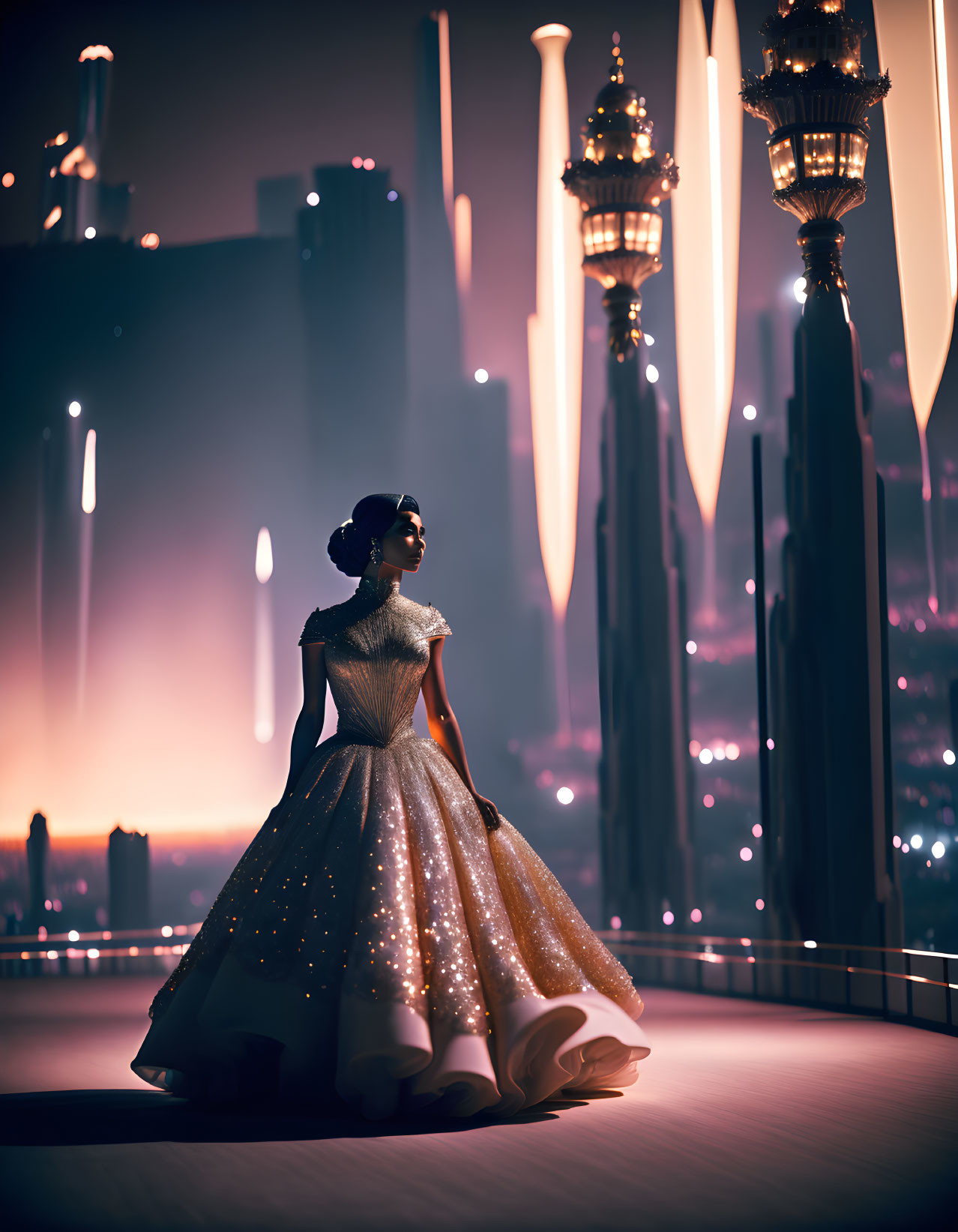 Woman in shimmering gown admires futuristic cityscape at twilight