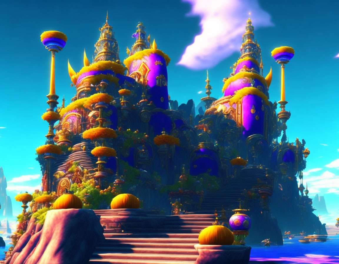 Fantasy castle with spires, domes & purple accents