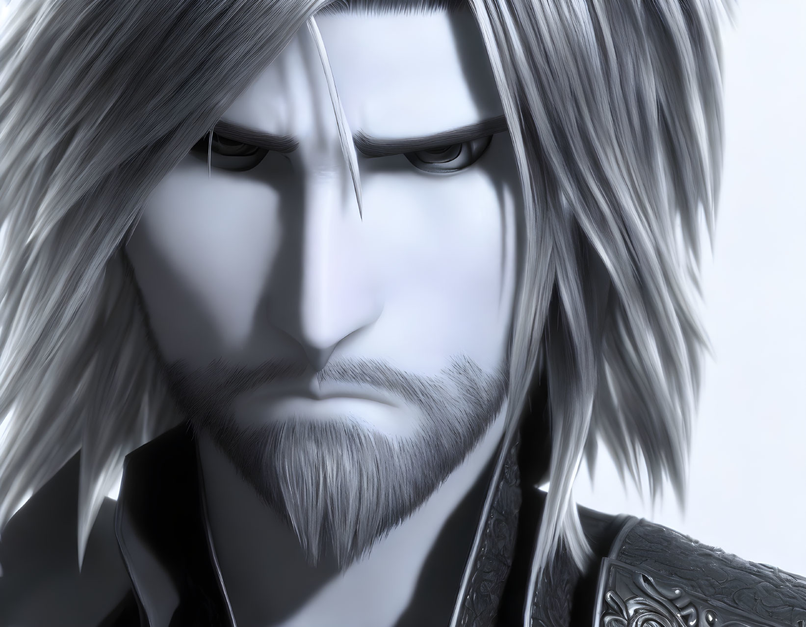 Monochromatic stern-faced bearded animated character with long spiky hair.