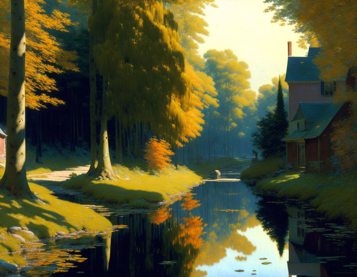 Tranquil autumn landscape with golden foliage, serene river, quaint cottage, and soft sunlight