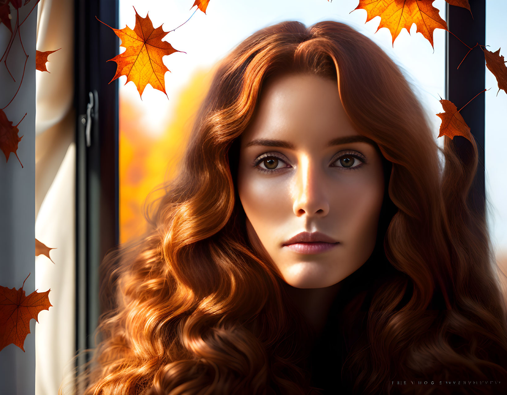 Woman with Wavy Red Hair Looking Through Autumn Leaves Window