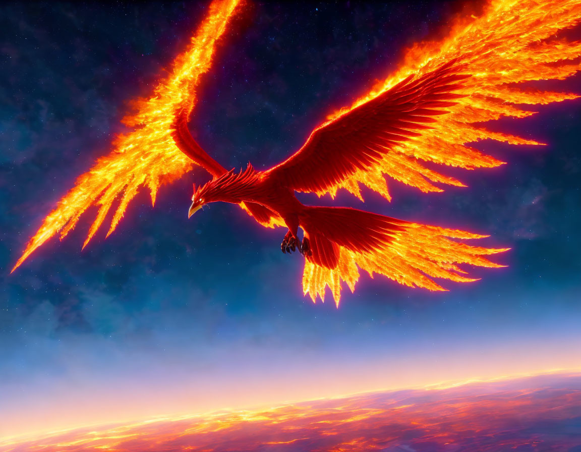 Majestic Phoenix Soaring with Fiery Wings at Sunset