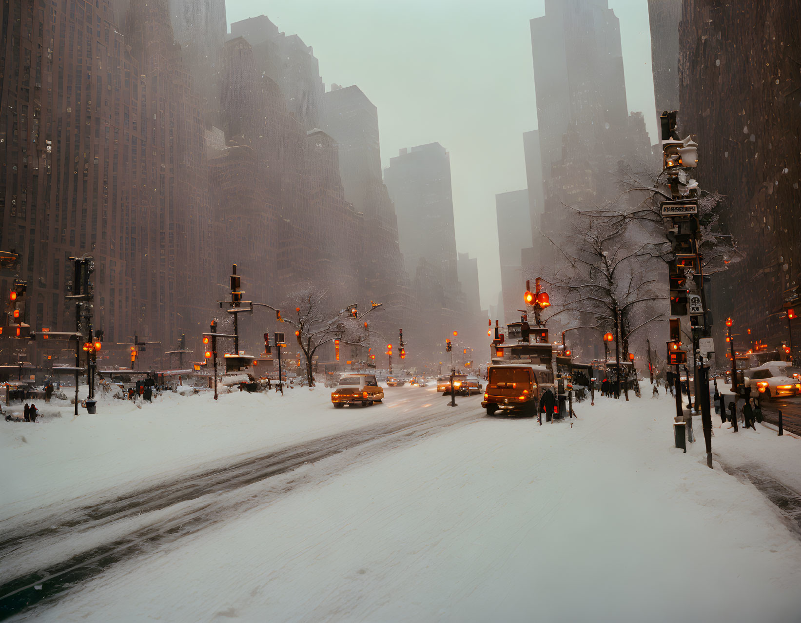 Snowy City Street at Twilight with Vehicles and Tall Buildings