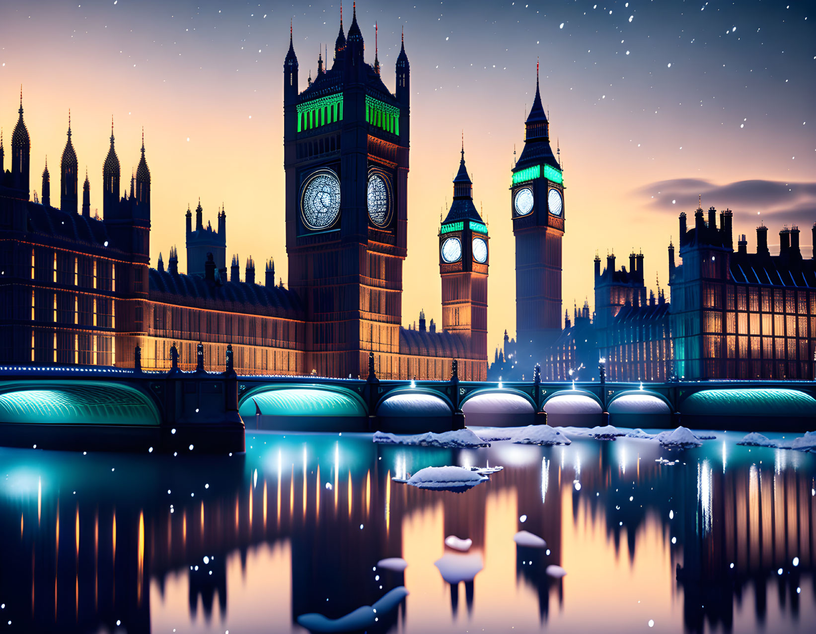 Iconic London Westminster Palace and Big Ben at night by illuminated river and bridges under starry sky