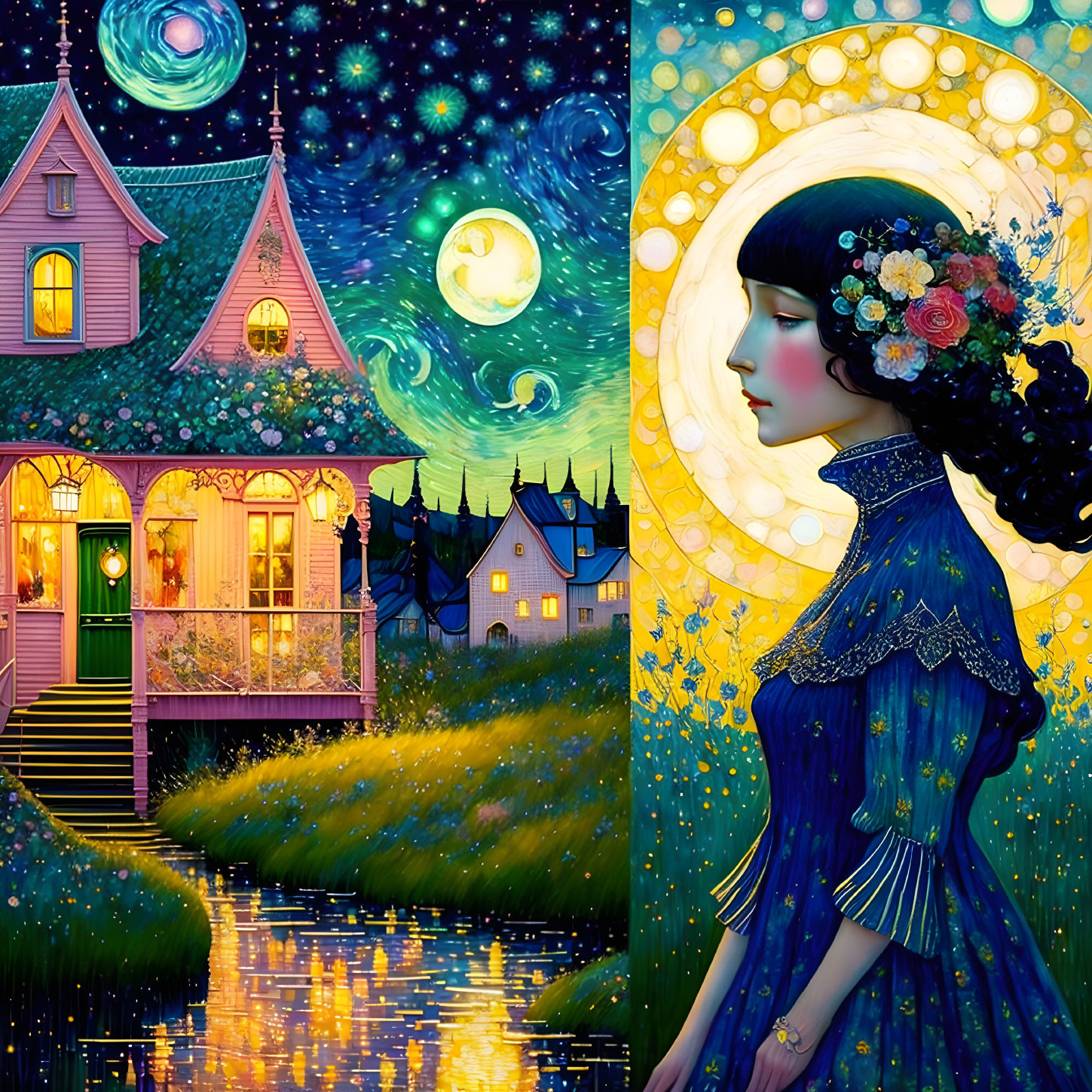 Split artwork: Whimsical house by river and woman with floral hair.