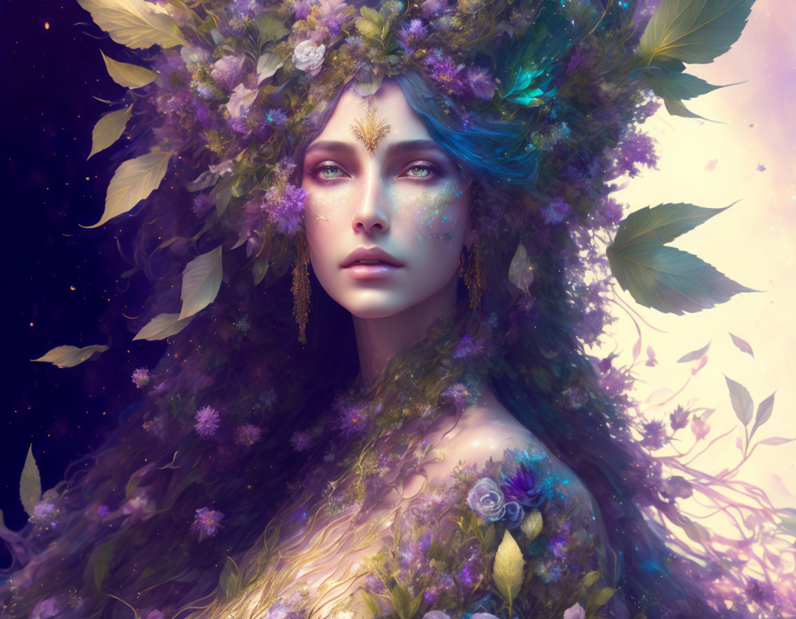 Woman with Blue Hair and Floral Headdress in Ethereal Glow