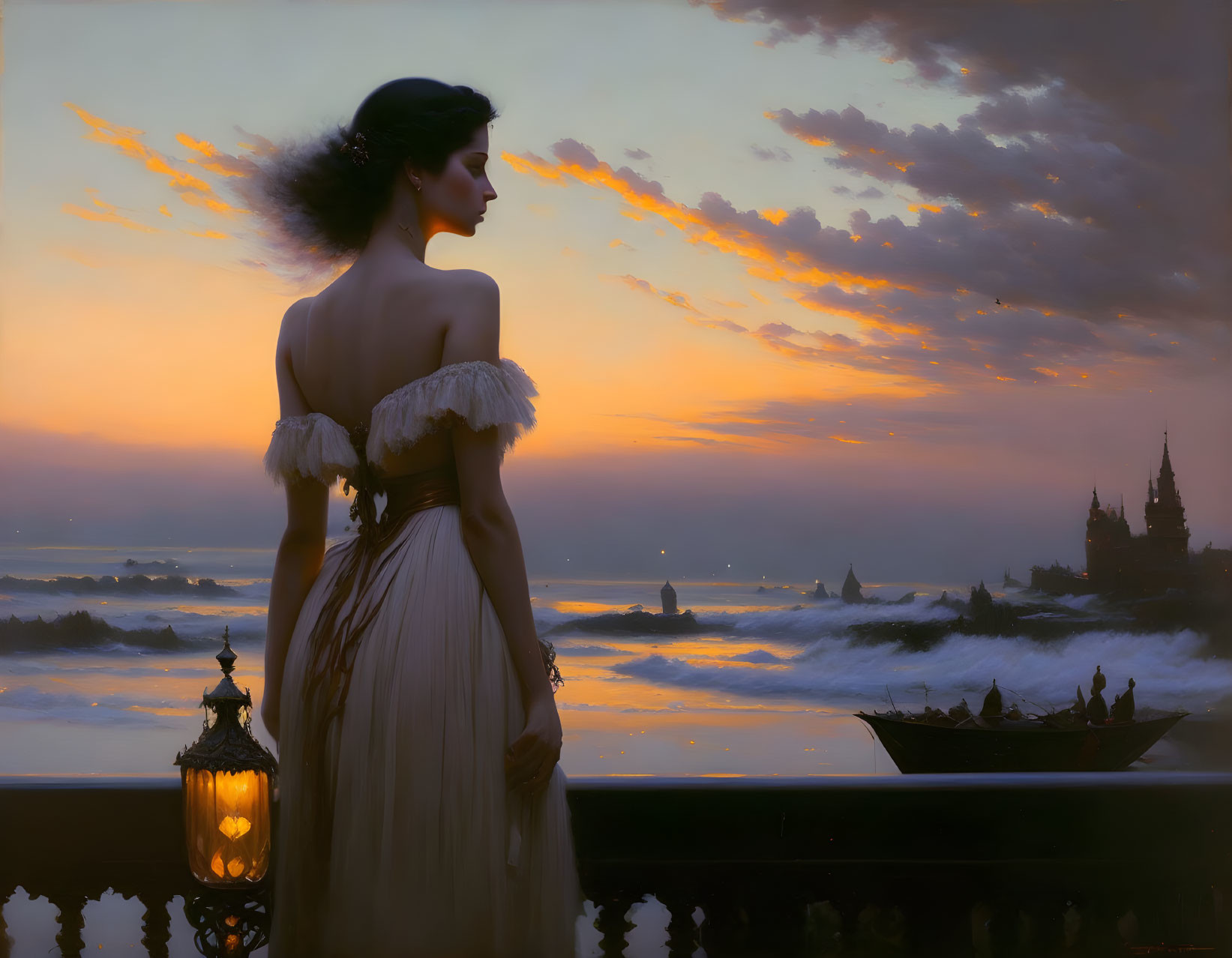 Vintage-dressed woman with lantern on balcony overlooking sea at sunset