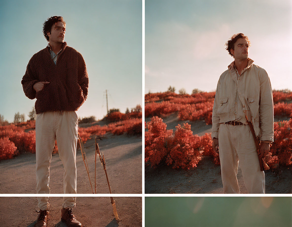 Man in field with autumnal shrubs in two outfits