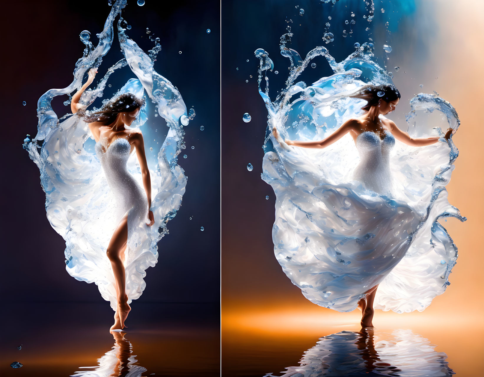 Fluid Water Dress: Dynamic Poses in Warm Backdrop