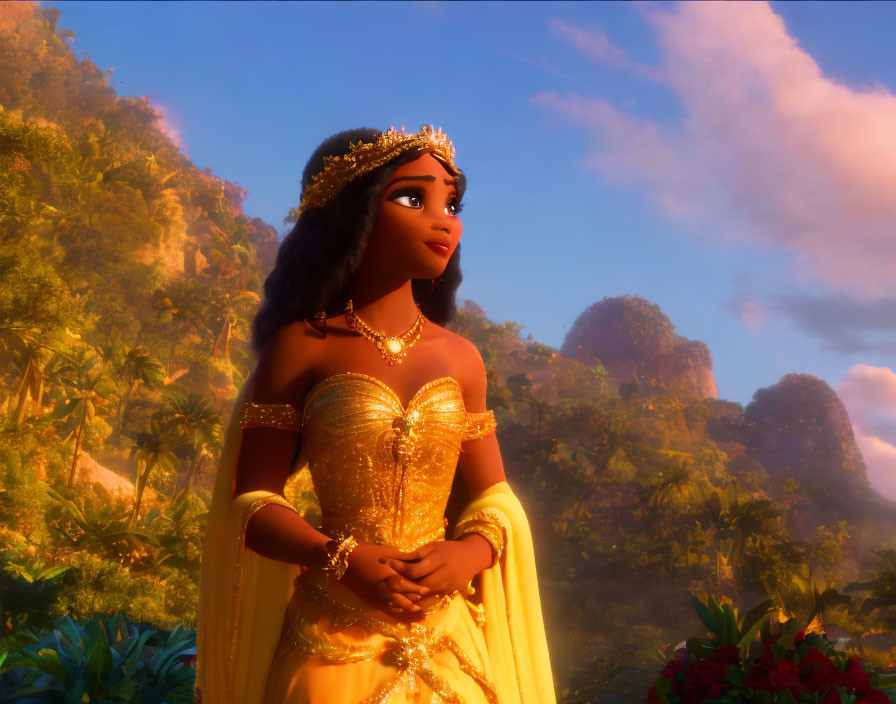 Golden-dressed princess in animated setting gazes into the distance