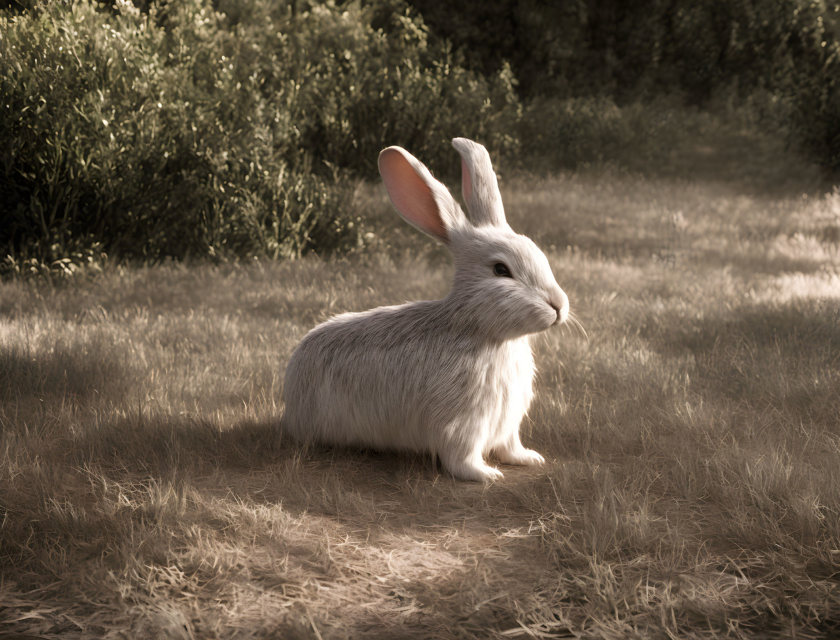 Sepia-Toned White Rabbit in Grass Field with Sunlight Glow