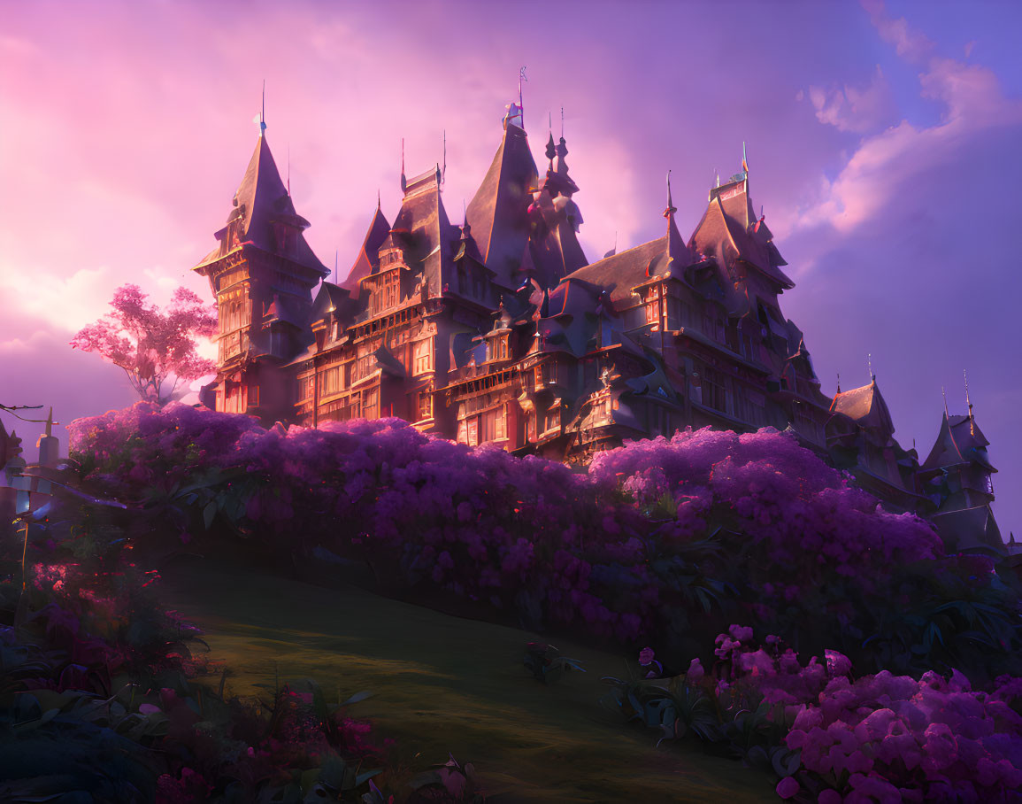 Majestic fantasy castle at sunset in lush garden landscape