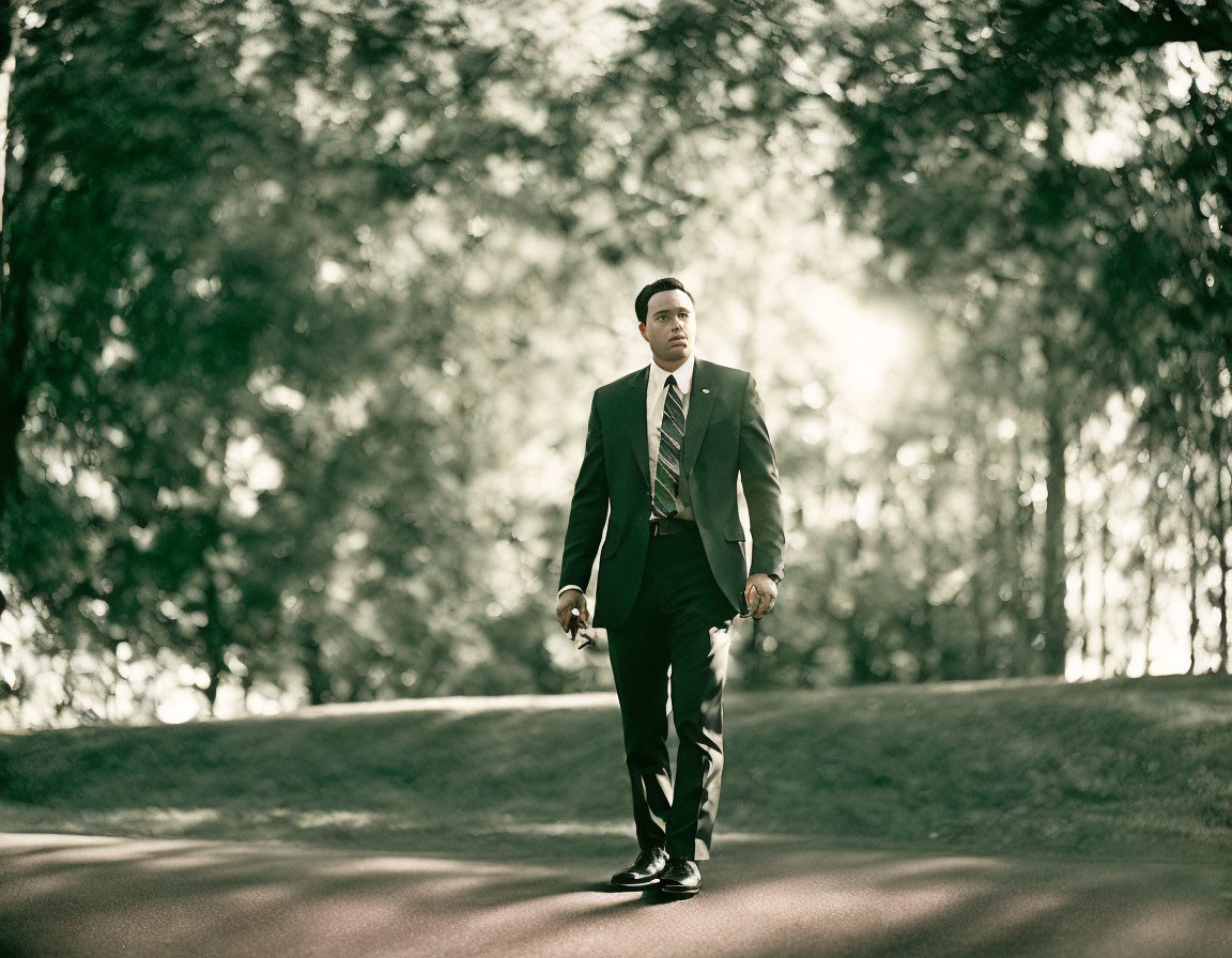 Man in suit walking confidently on sun-dappled path among lush trees