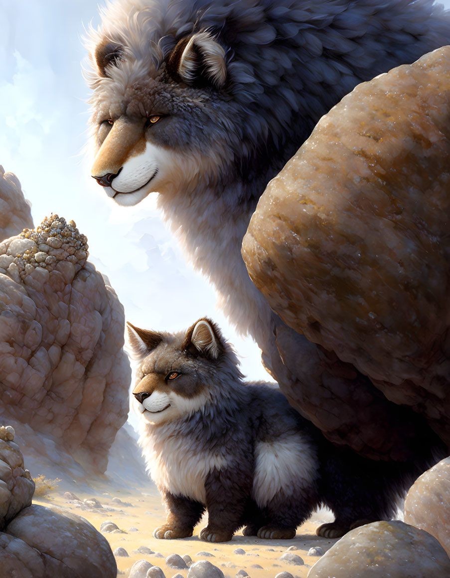 Anthropomorphic wolves in rocky terrain under a luminous sky