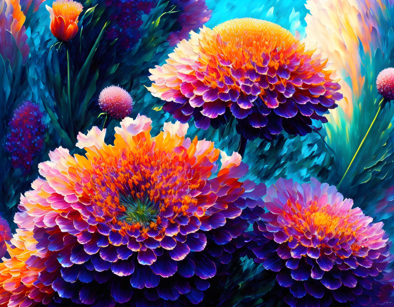 Colorful Stylized Flowers in Orange, Pink, and Blue