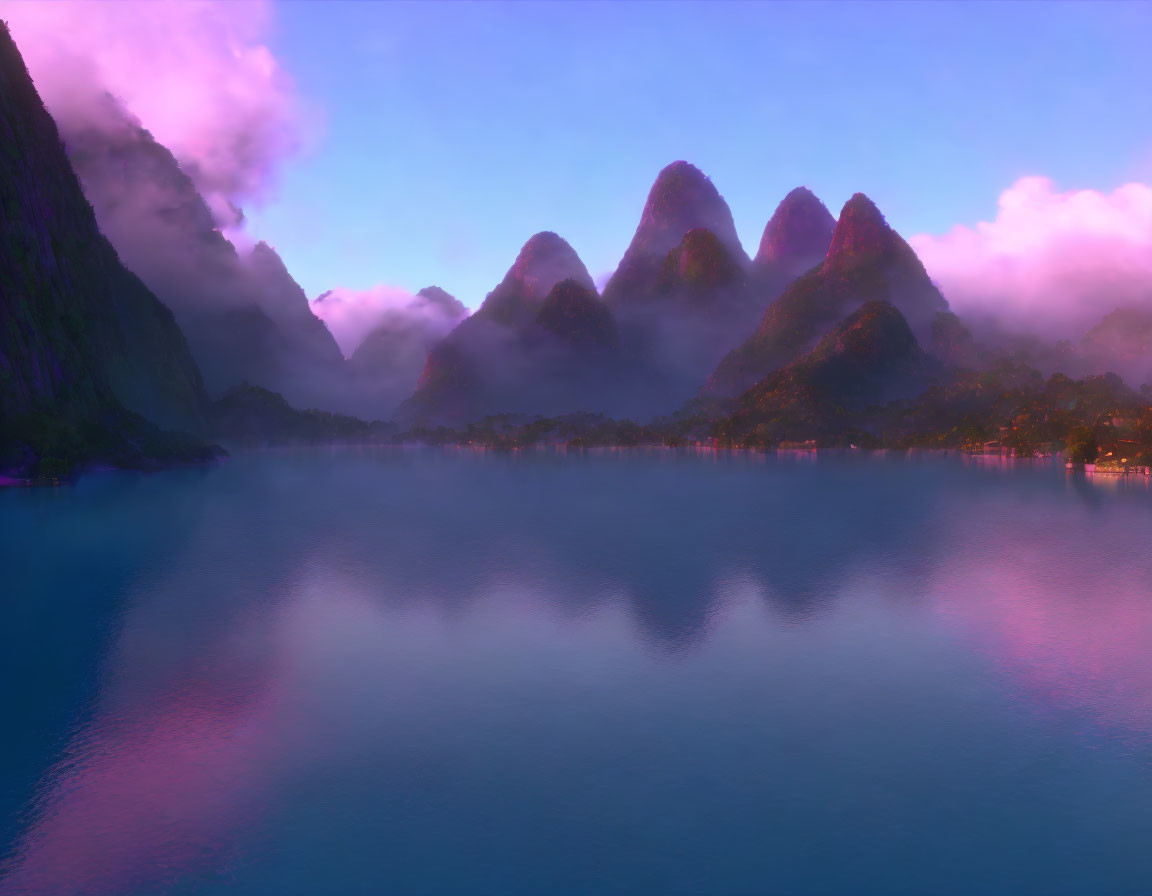 Misty mountain peaks reflected in azure lake at dawn or dusk