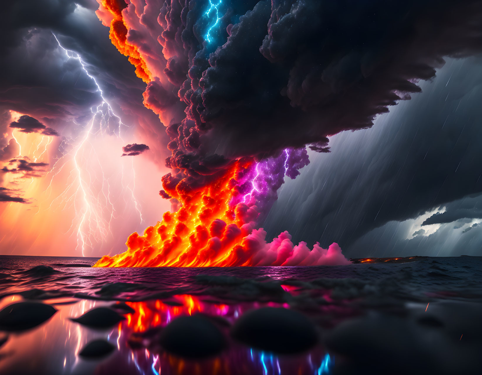 Dramatic Seascape with Lightning Storm and Fiery Clouds