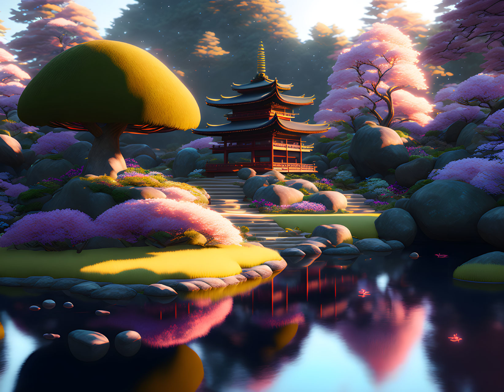 Japanese Garden Sunset Scene with Pagoda, Cherry Blossoms, Bushes, Stones, and Pond