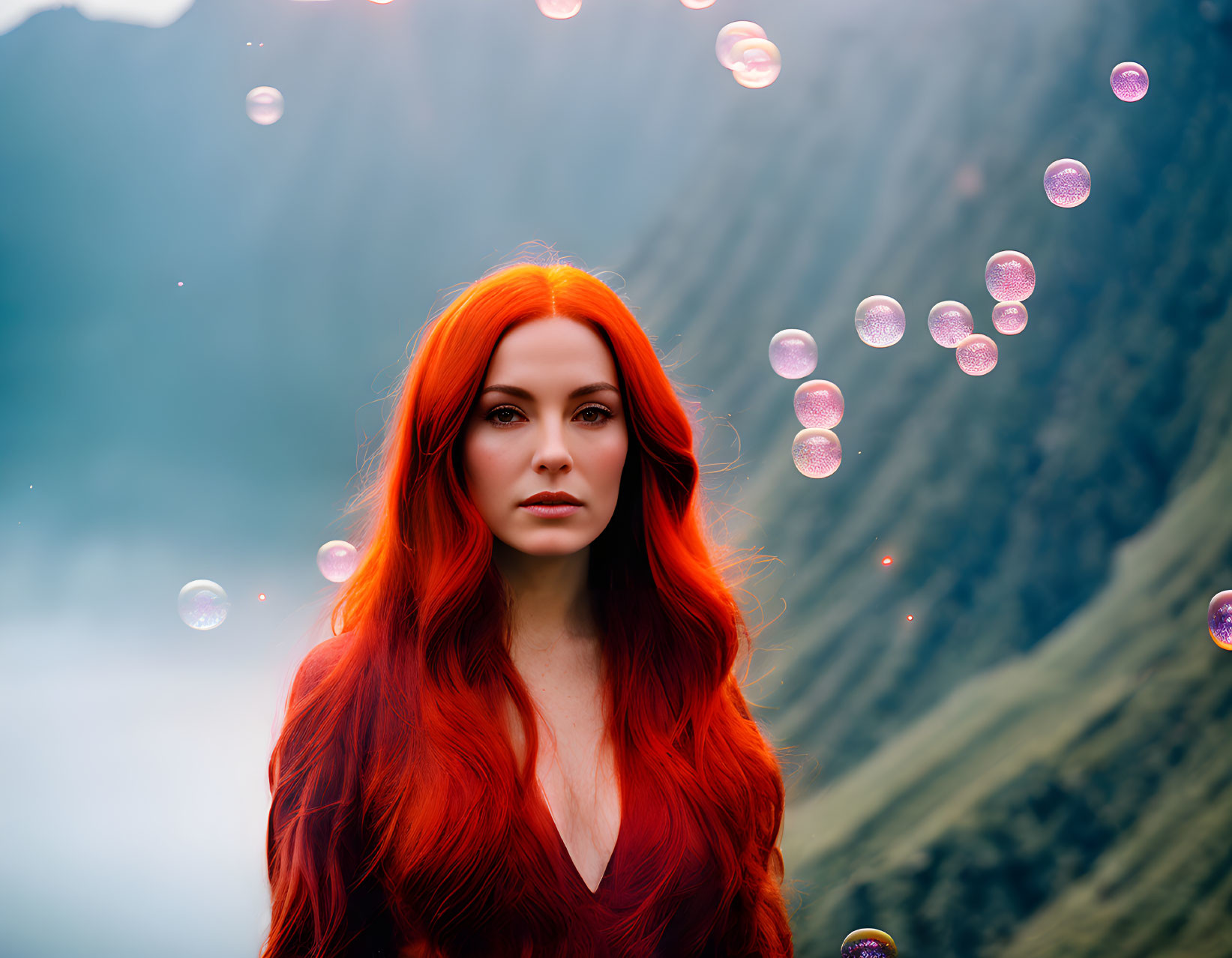 Red-haired woman in front of mountain backdrop with soap bubbles.