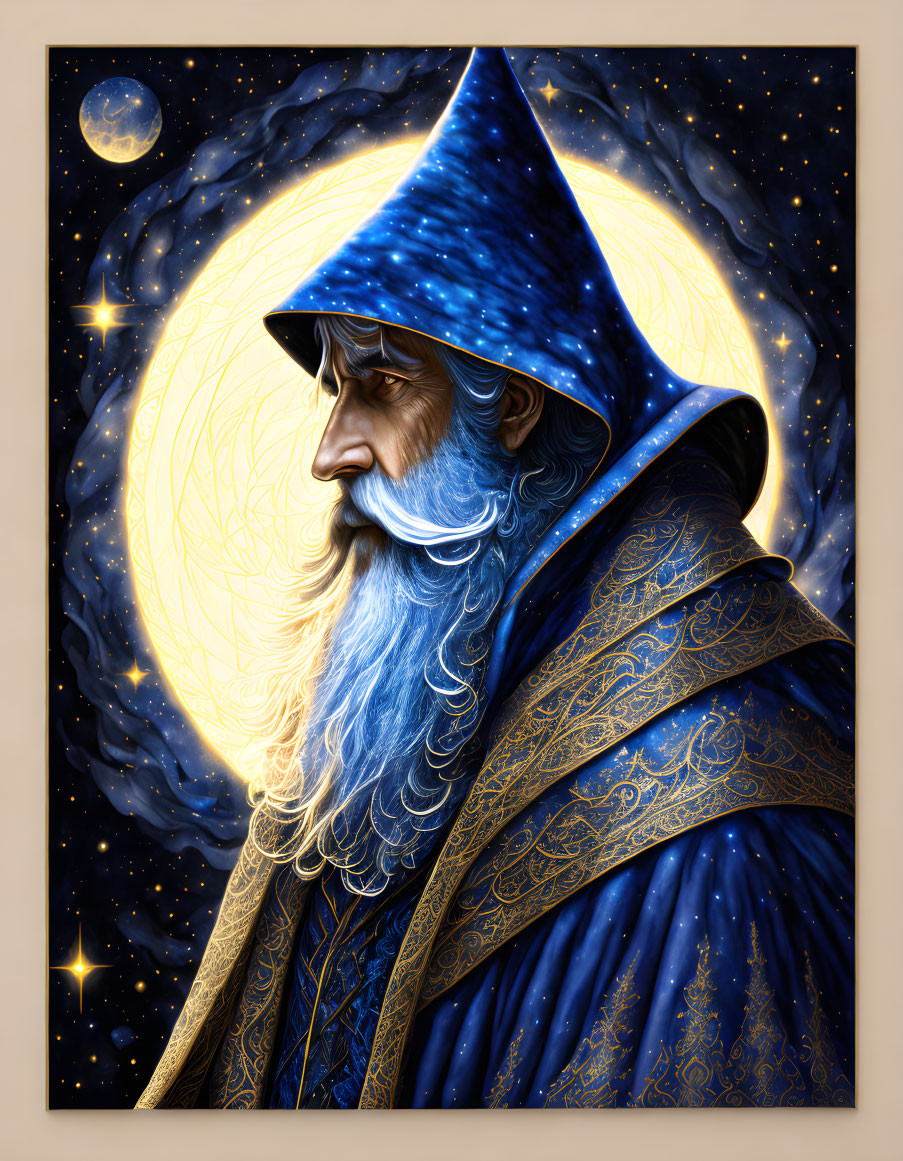 Illustrated wizard in starry blue robe under full moon