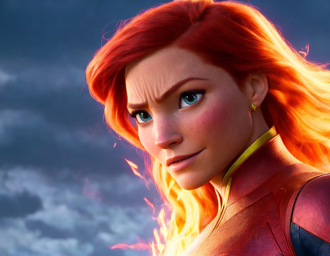 Vibrant red-haired animated character in superhero suit against stormy sky