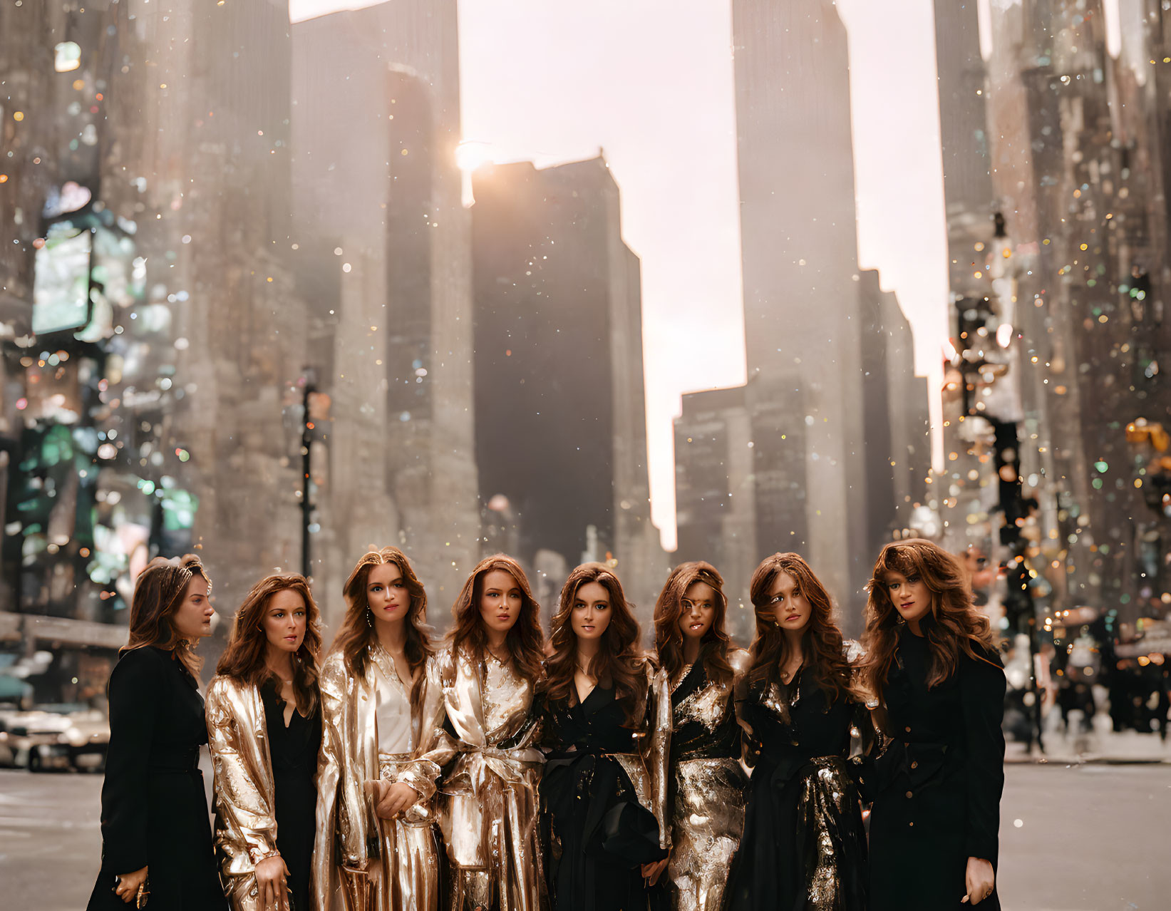 Women in stylish attire posing on city street at dusk with skyscrapers and sunlight.