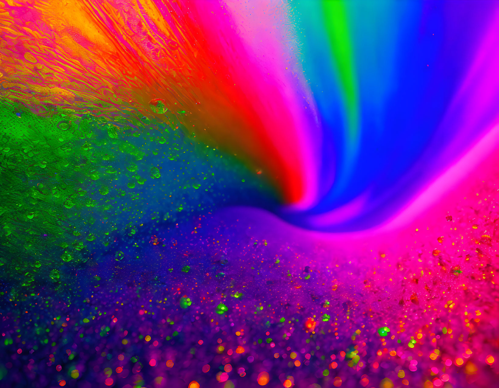 Colorful Rainbow Swirl with Wavy Texture and Glistening Drops