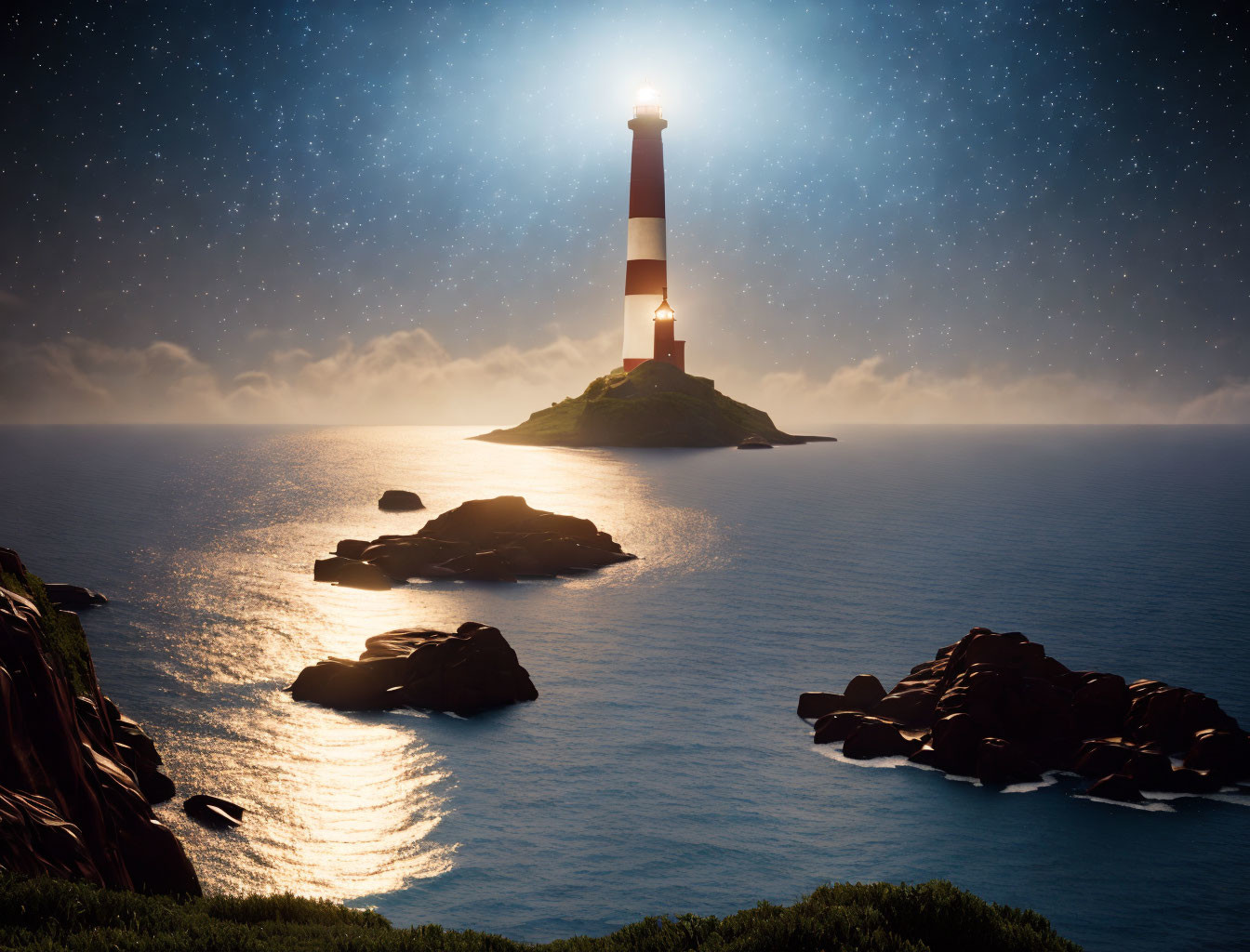 Tranquil night seascape with lighthouse, stars, and mist